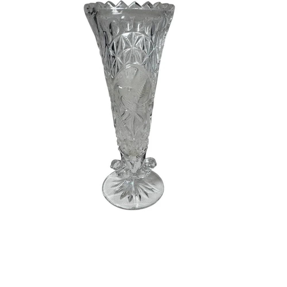Hofbauer Byrdes Cut Crystal 7” Tall Vase with Sawtooth Edge Birds Fast Shipping